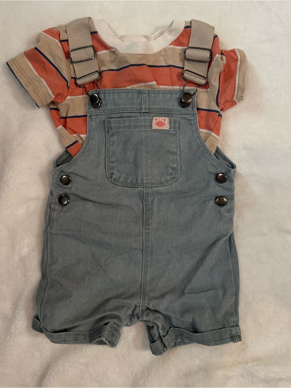 Light Green-Blue Denim Short Overalls for Kids And Striped T-Shirt Size 18 Month